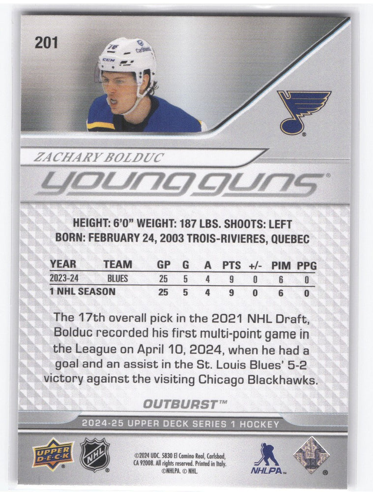 2024-25 Upper Deck Series 1 Young Guns Outburst #201 Rookie Rc Zachary Bolduc
