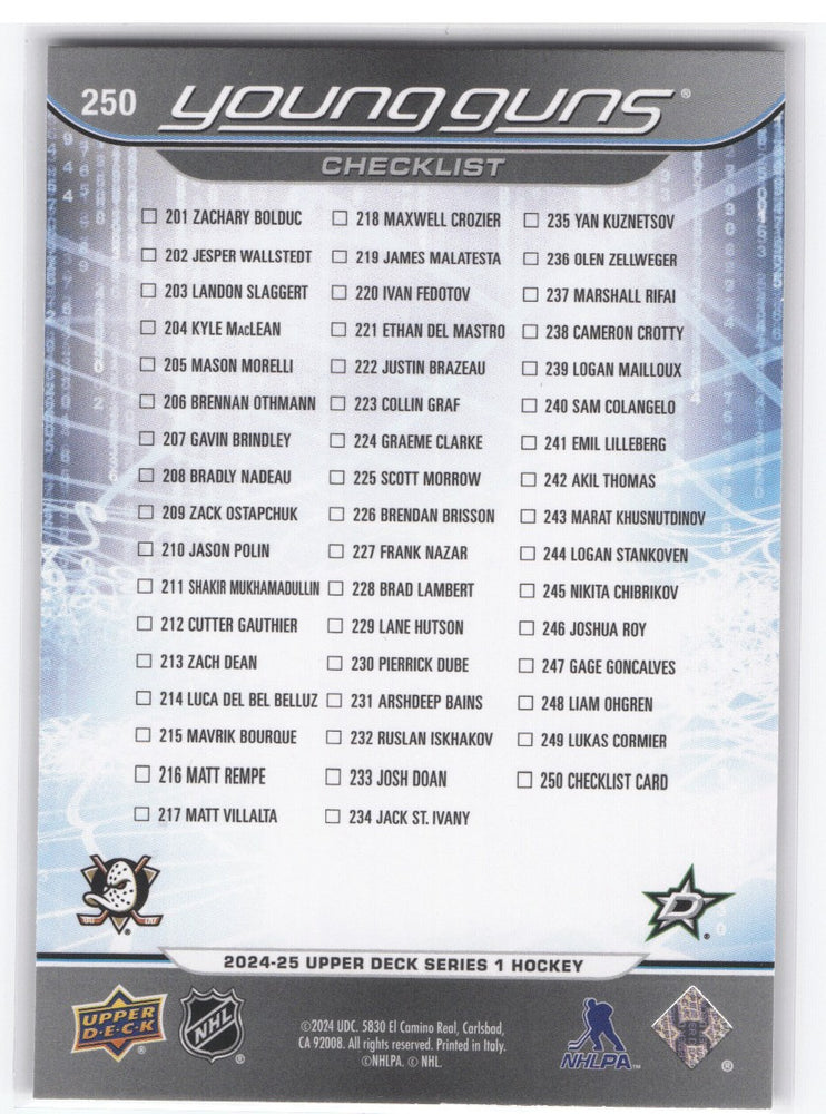2024-25 Upper Deck Series 1 Young Guns Checklist Outburst #250 Rookie Rc Cutter Gauthier Logan Stankoven