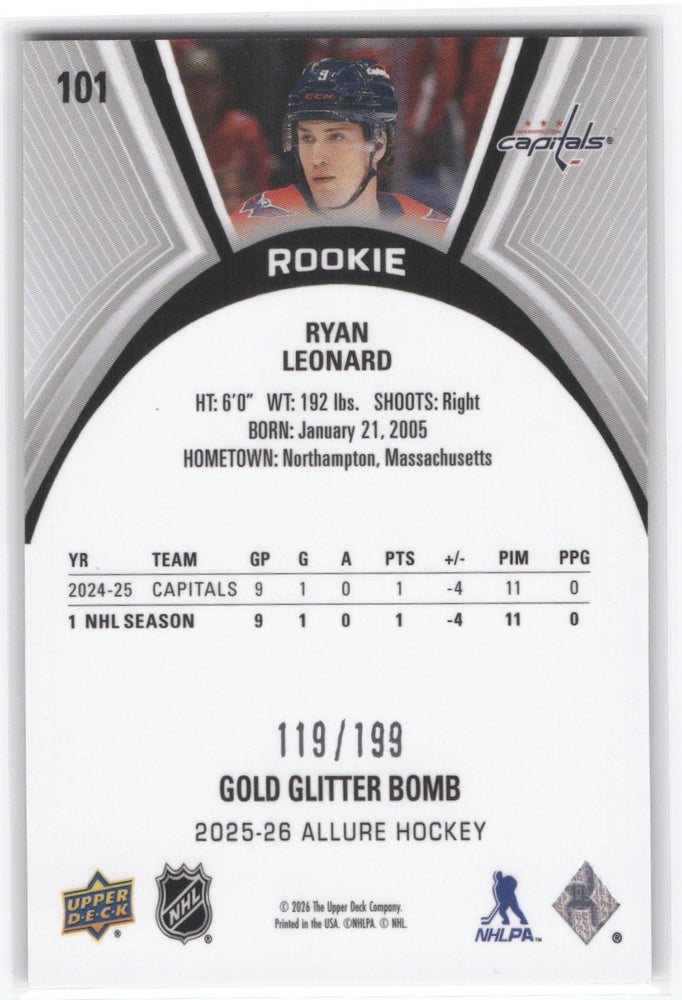 2025-26 Upper Deck Allure Gold Glitter Bomb #101 Rookie Rc Ryan Leonard /199
