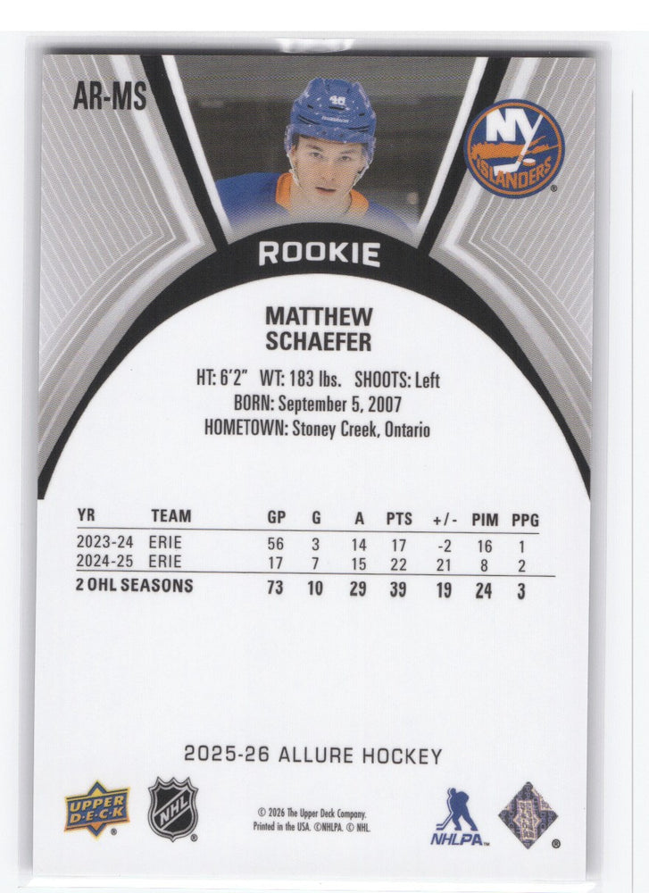 2025-26 Upper Deck Allure Rookie Ar-Ms Rookie Rc Matthew Schaefer