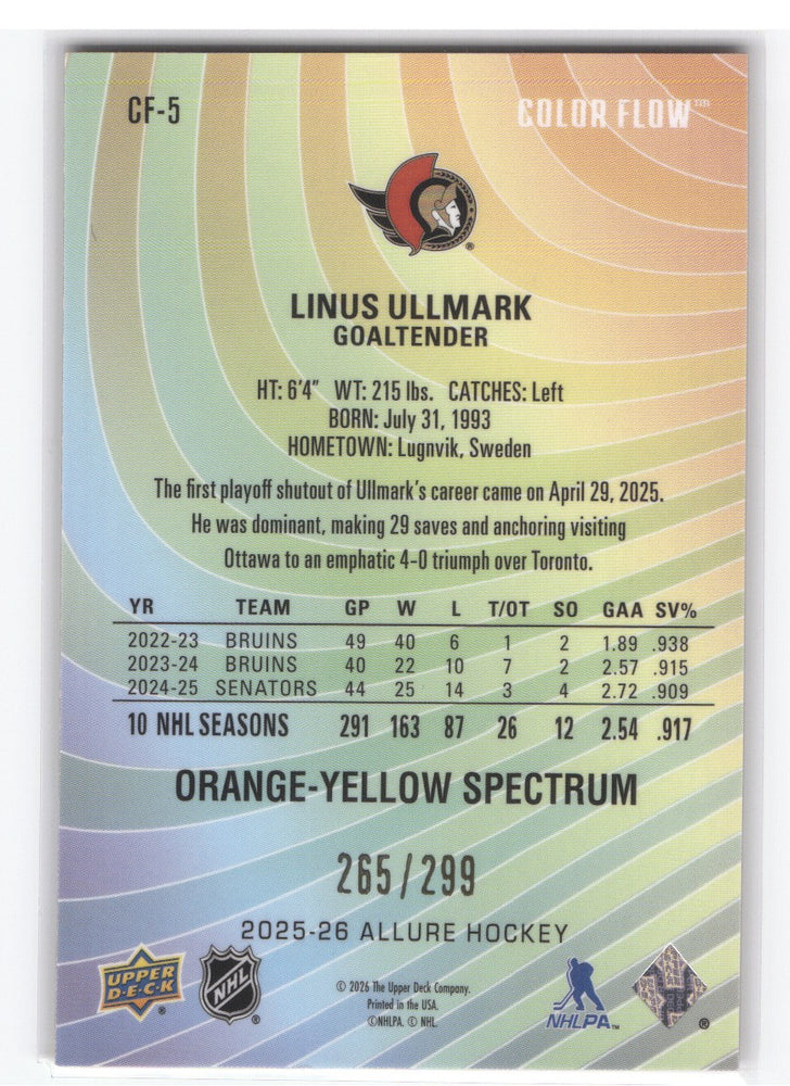 2025-26 Upper Deck Allure Orange-Yellow Spectrum Cf-5 Linus Ullmark /299