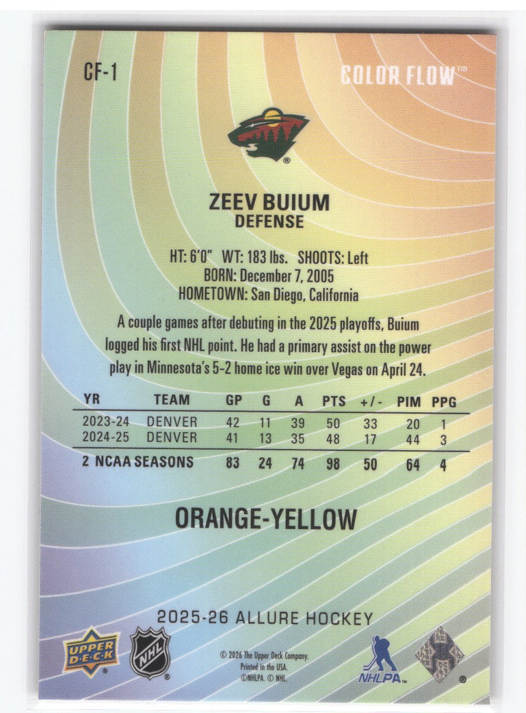 2025-26 Upper Deck Allure Orange-Yellow Cf-1 Rookie Rc Zeev Buium