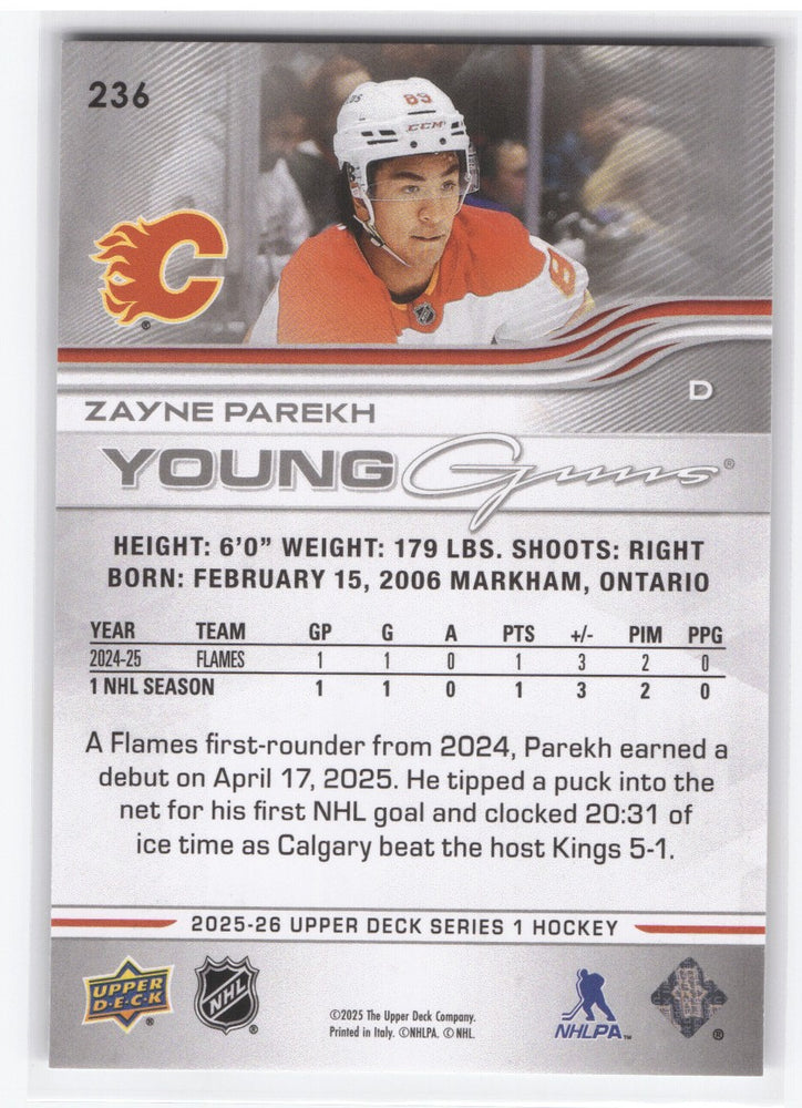 2025-26 Upper Deck Series 1 Young Guns #236 Rookie Rc Zayne Parekh