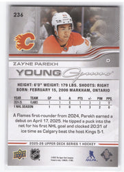 2025-26 Upper Deck Series 1 Young Guns #236 Rookie Rc Zayne Parekh