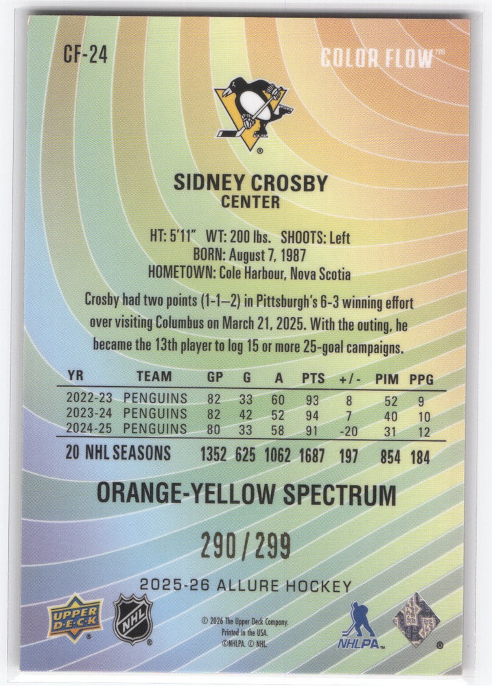 2025-26 Upper Deck Allure Orange Yellow Spectrum Cf-24 Sidney Crosby /299