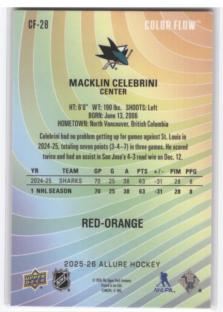 2025-26 Upper Deck Allure Red Orange Cf-28 Macklin Celebrini