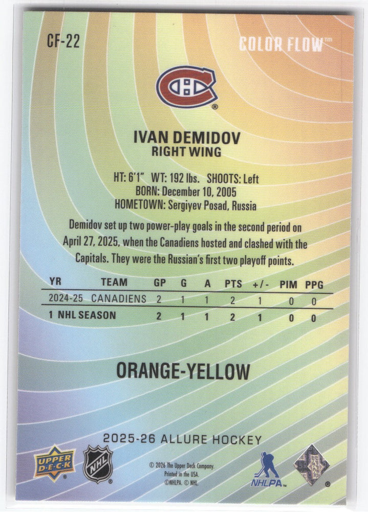 2025-26 Upper Deck Allure Orange Yellow Cf-22 Rookie Rc Ivan Demidov