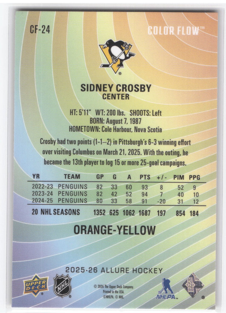 2025-26 Upper Deck Allure Orange Yellow Cf-24 Sidney Crosby