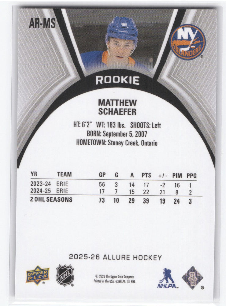 2025-26 Upper Deck Allure Rookie Ar-Ms Rookie Rc Matthew Schaefer