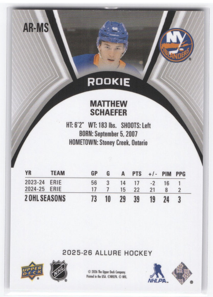 2025-26 Upper Deck Allure Rookie Ar-Ms Rookie Rc Matthew Schaefer
