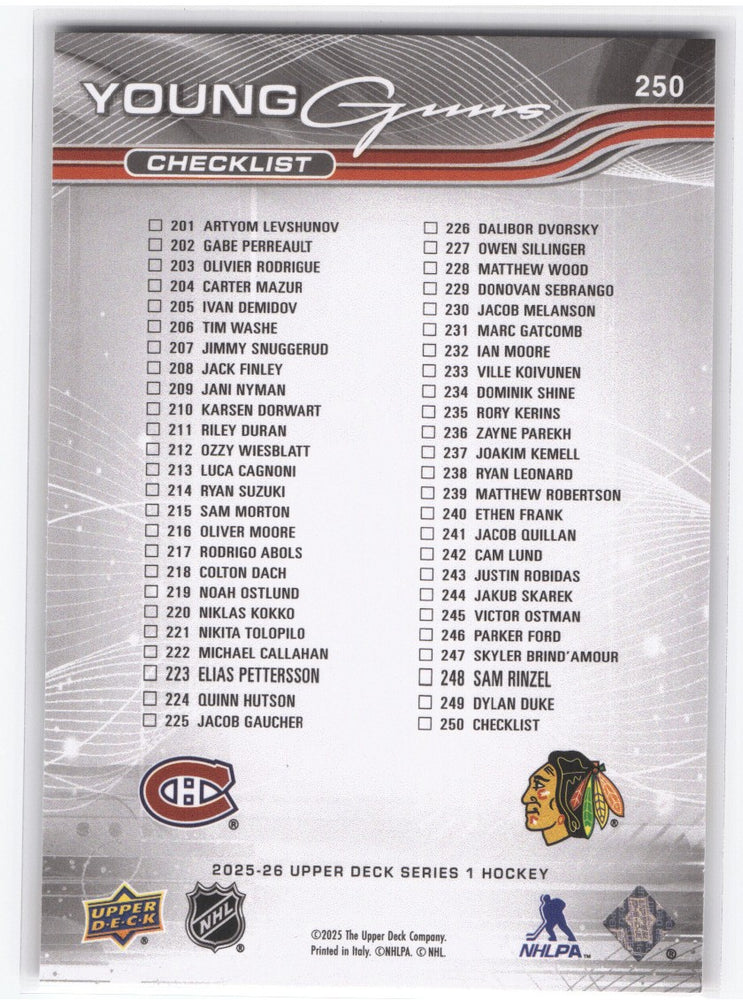 2025-26 Upper Deck Series 1 Young Guns Checklist #250 Rookie Rc Ivan Demidov Artyom Levshunov