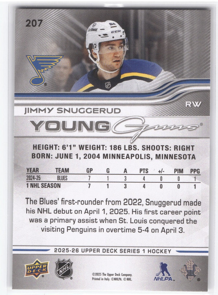 2025-26 Upper Deck Series 1 Young Guns #207 Rookie Rc Jimmy Snuggerud