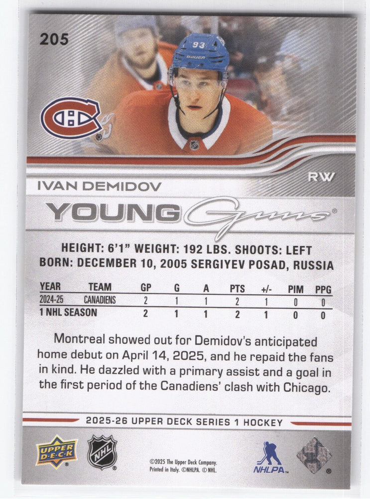 2025-26 Upper Deck Series 1 Young Guns #205 Rookie Rc Ivan Demidov