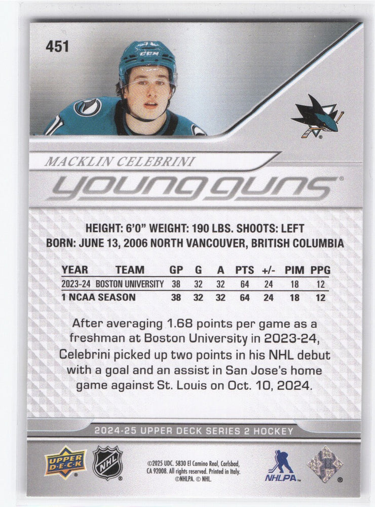 2024-25 Upper Deck Series 2 Young Guns #451 Rookie Rc Macklin Celebrini