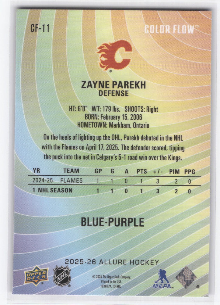 2025-26 Upper Deck Allure Blue Purple Cf-11 Rookie Rc Zayne Parekh
