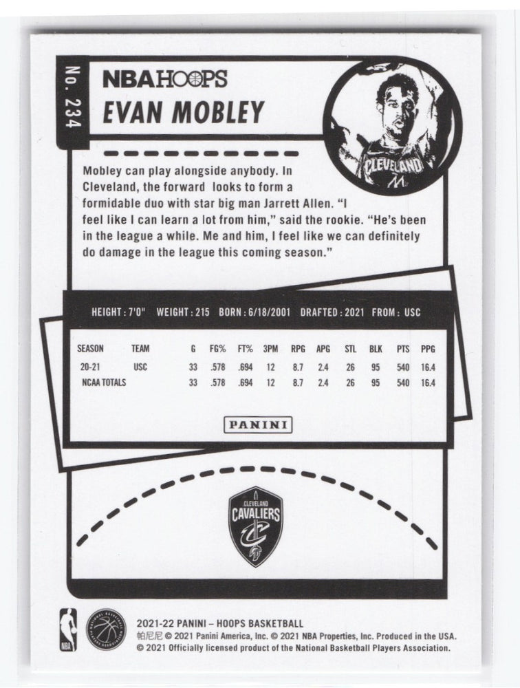 2021-22 Panini Hoops Basketball Nba Hoops #234 Rookie Rc Evan Mobley