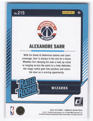 2024-25 Panini Donruss Rated Rookie #215 Rookie Rc Alexandre Sarr