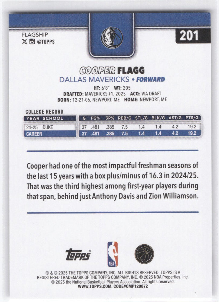 2025 Topps Rc #201 Rookie Rc Cooper Flagg