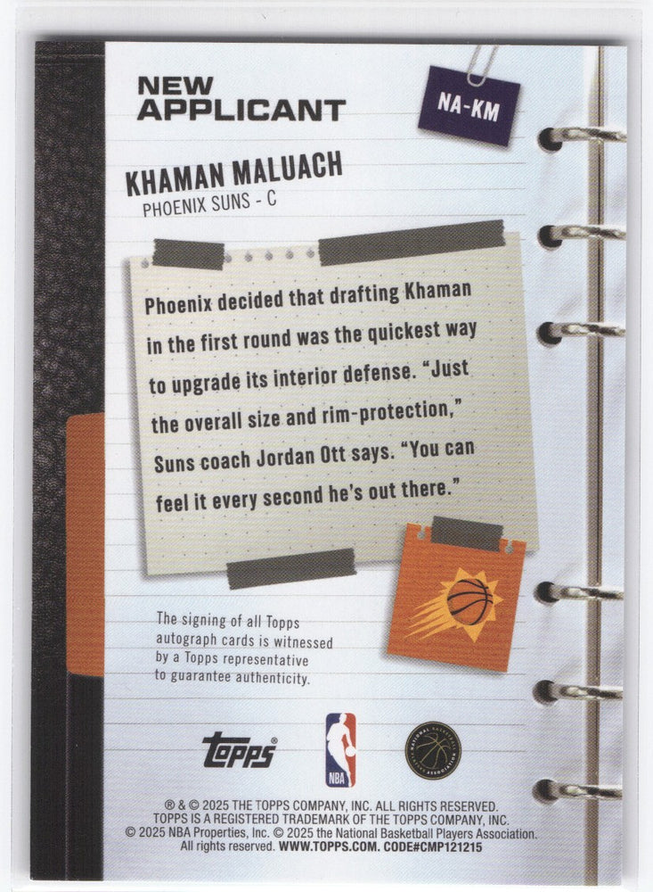 2025 Topps New Applicant Na-Km Rookie Rc Auto Kahman Maluach