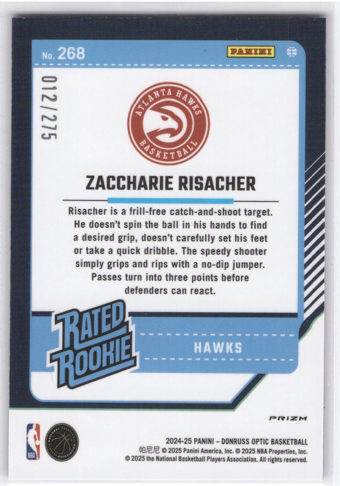 2024-25 Panini Donruss Optic Rated Rookie Pink Prizm #268 Rookie Rc Zaccharie Risacher /275