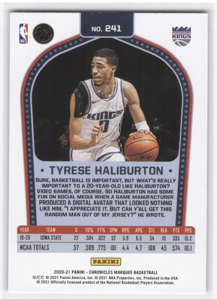 2020-21 Panini Chronicles Marquee Panini Marquee Rookie #241 Rookie Rc Tyrese Haliburton