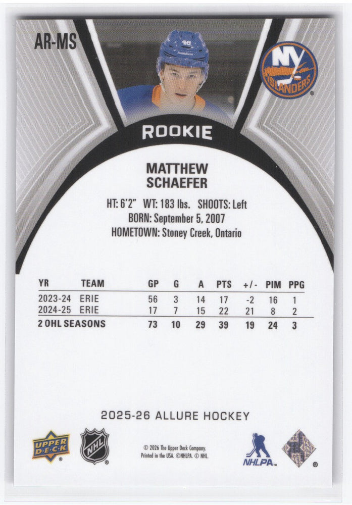 2025-26 Upper Deck Allure Rookie Ar-Ms Rookie Rc Matthew Schaefer