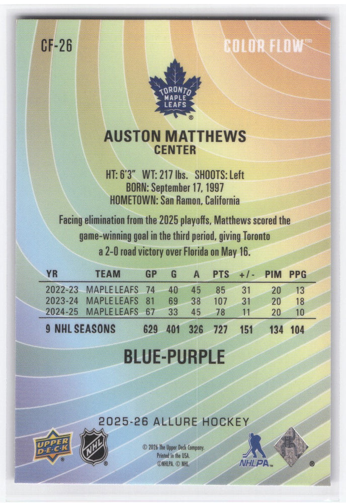 2025-26 Upper Deck Allure Blue Purple Cf-26 Auston Matthews