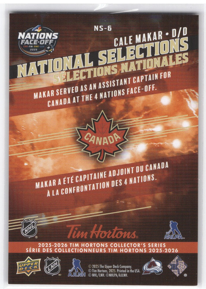 2025-26 Upper Deck Tim Hortons Collector Series National Selections Ns-6 Cale Makar