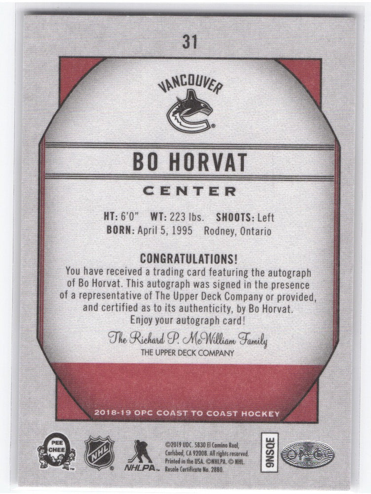 2018-19 Upper Deck Opc Coast To Coast Coast To Coast Autographs #31 Auto Bo Horvat