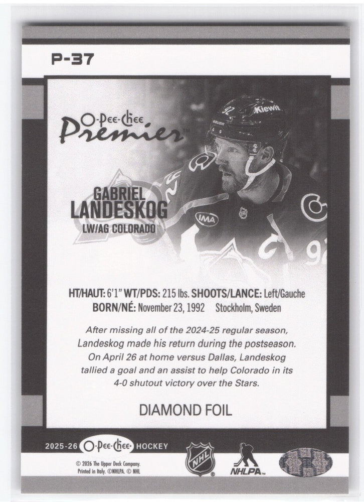 2025-26 Upper Deck O-Pee-Chee Premier Diamond Foil P-37 Gabriel Landeskog /75