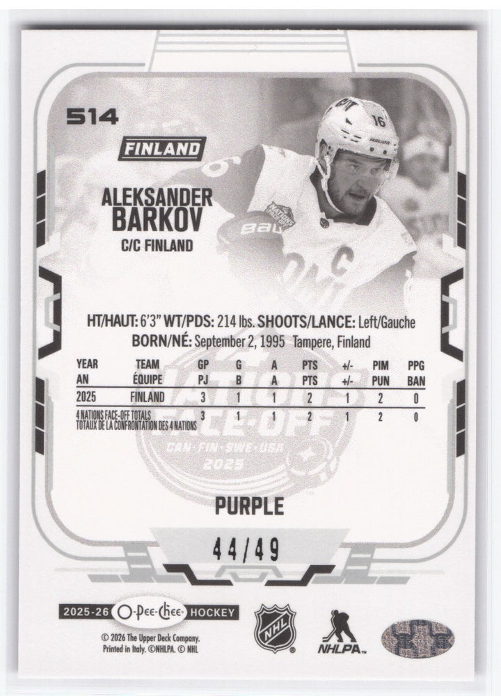 2025-26 Upper Deck O-Pee-Chee 4 Nations Purple #514 Aleksander Barkov /49