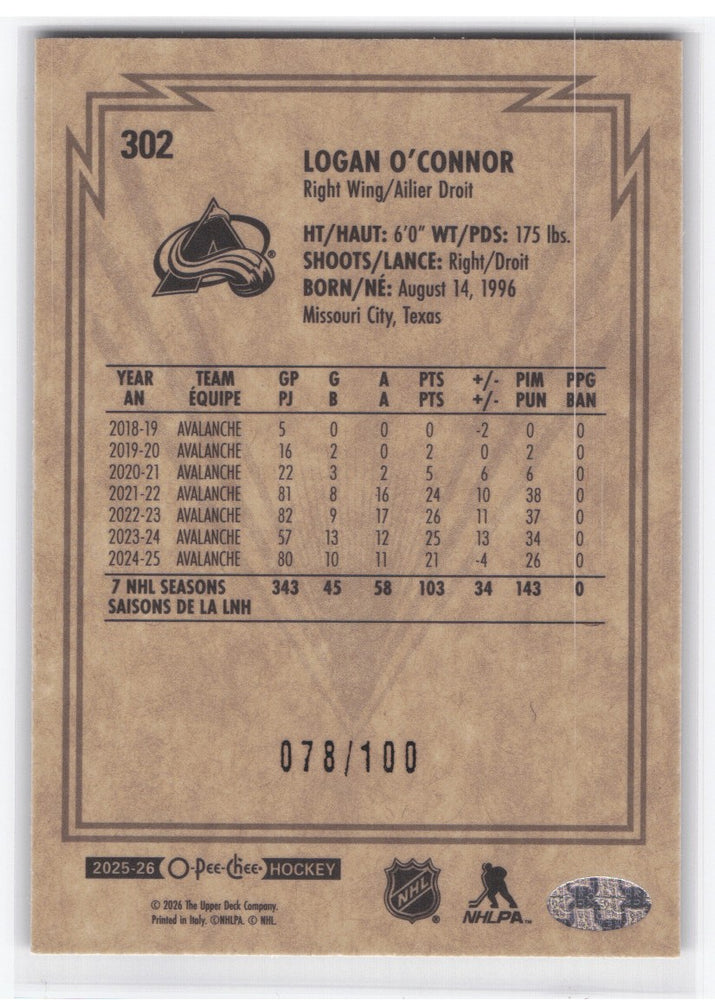 2025-26 Upper Deck O-Pee-Chee Black Retro #302 Logan O'Connor /100