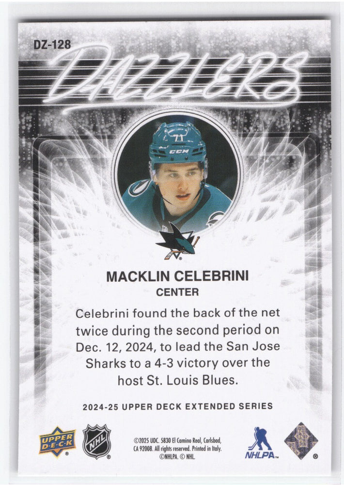 2024-25 Upper Deck Extended Dazzlers Dz-128 Rookie Rc Macklin Celebrini