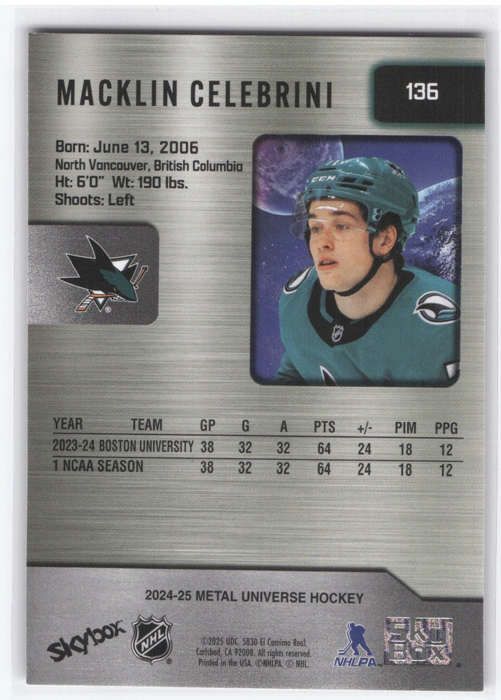 2024-25 Skybox Metal Universe Rookie #136 Rookie Rc Macklin Celebrini