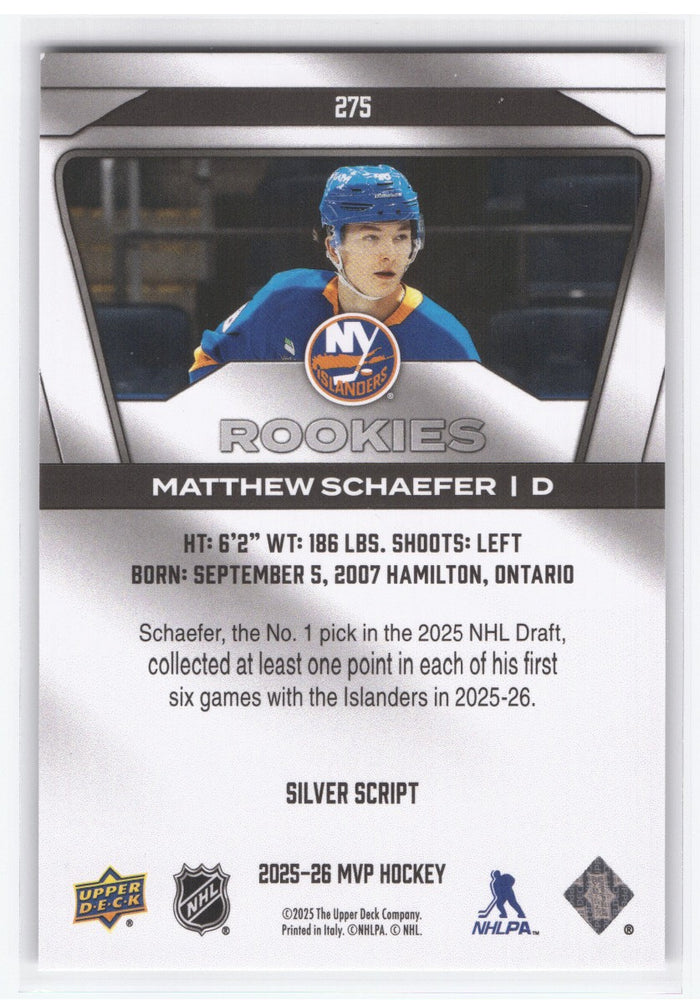2024-25 Upper Deck Mvp Hockey Silver Script Rookie #275 Rookie Rc Matthew Schaefer