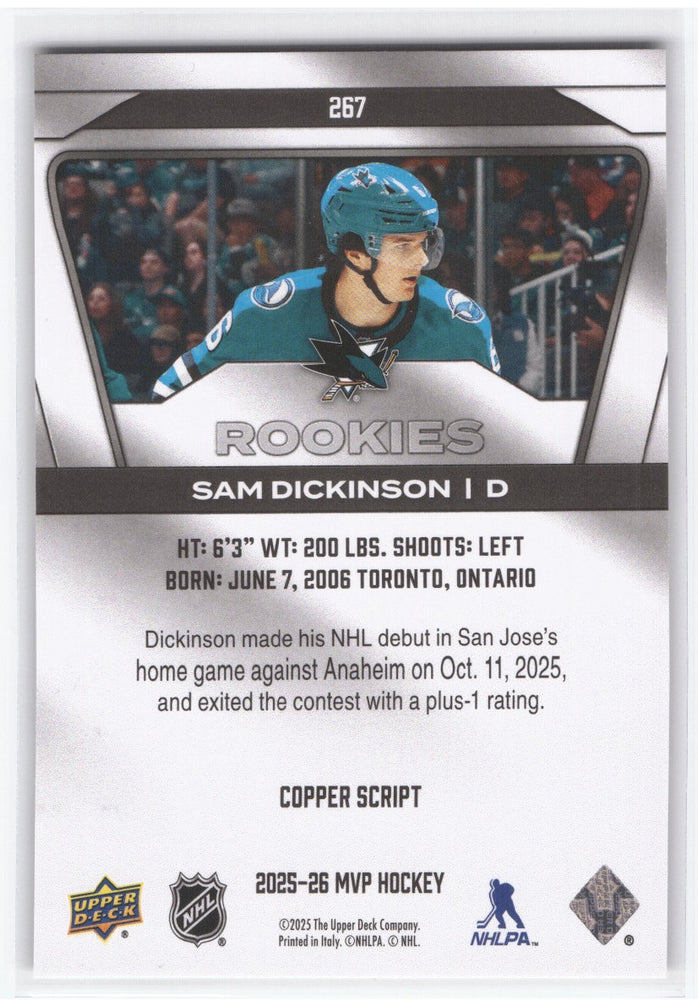 2025-26 Upper Deck Mvp Hockey Copper Script #267 Rookie Rc Sam Dickinson