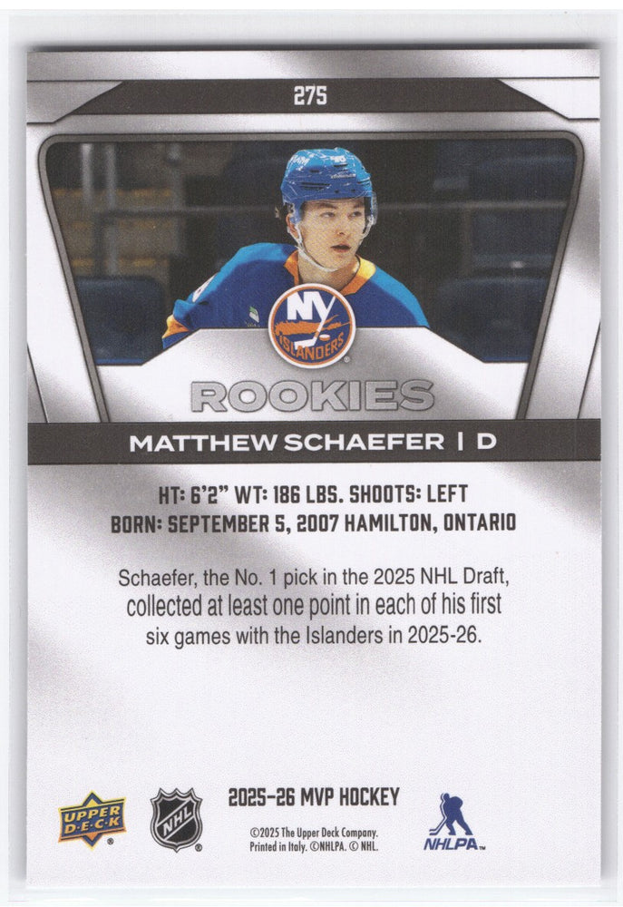 2024-25 Upper Deck Mvp Hockey Rookie #275 Rookie Rc Matthew Schaefer