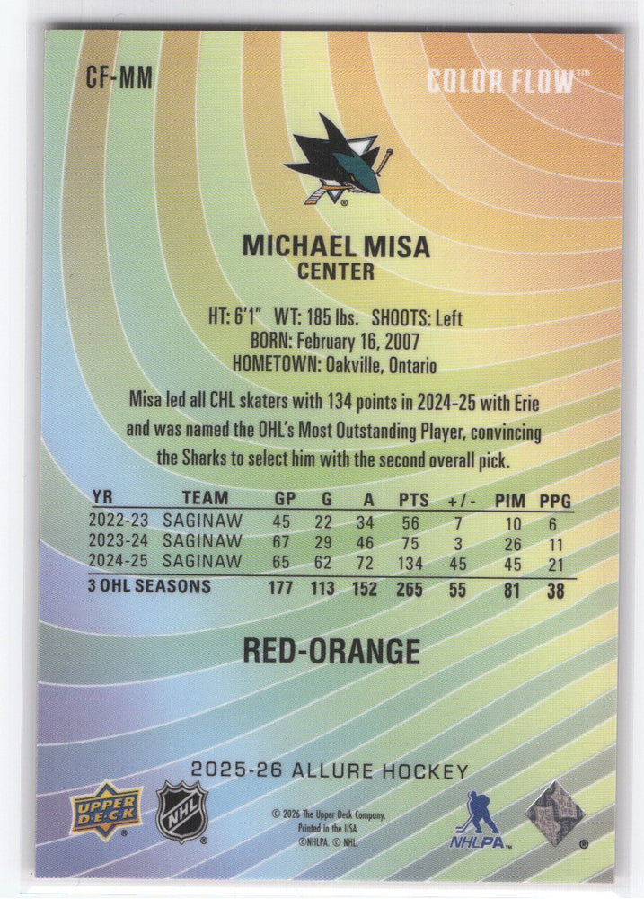 2025-26 Upper Deck Allure Red-Orange Cf-Mm Rookie Rc Michael Misa