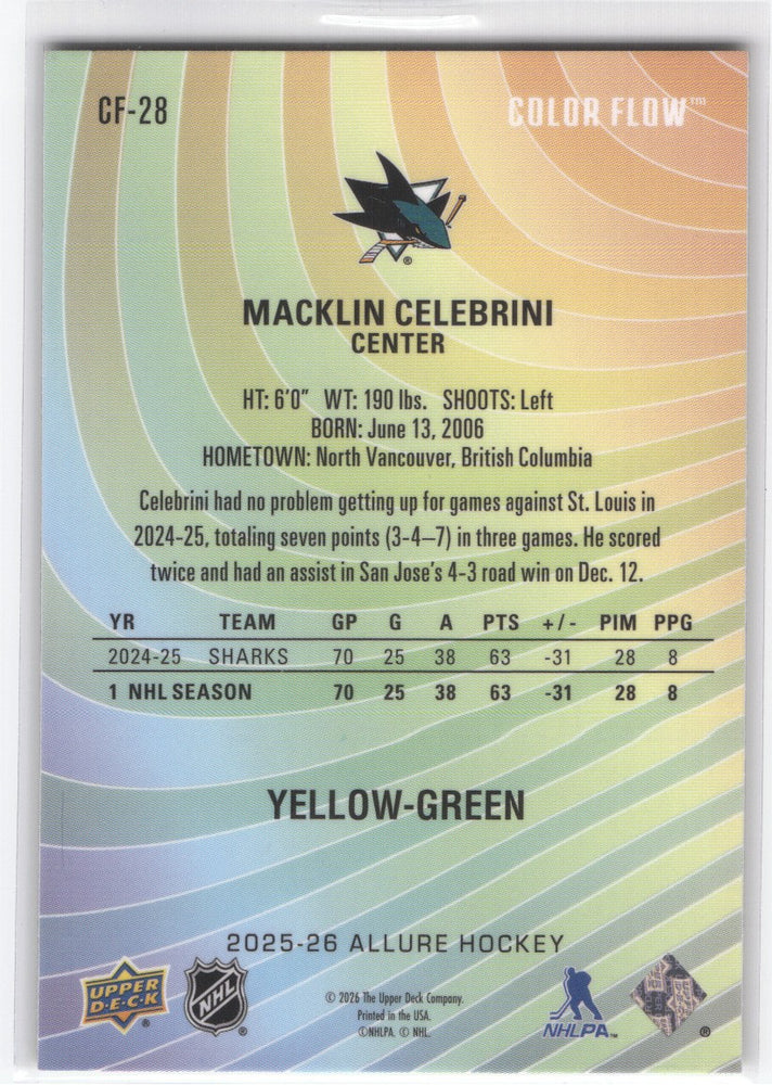 2025-26 Upper Deck Allure Yellow-Green Cf-28 Macklin Celebrini