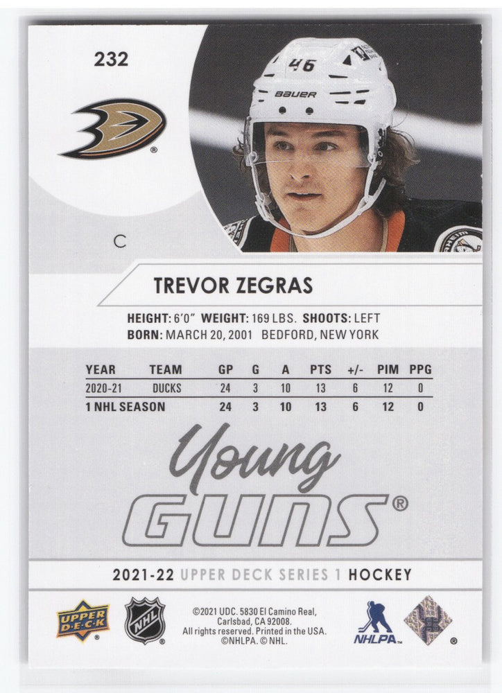 2021-22 Upper Deck Series 1 Young Guns #232 Rookie Rc Trevor Zegras