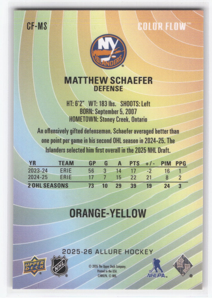 2025-26 Upper Deck Allure Orange-Yellow Cf-Ms Rookie Rc Matthew Schaefer