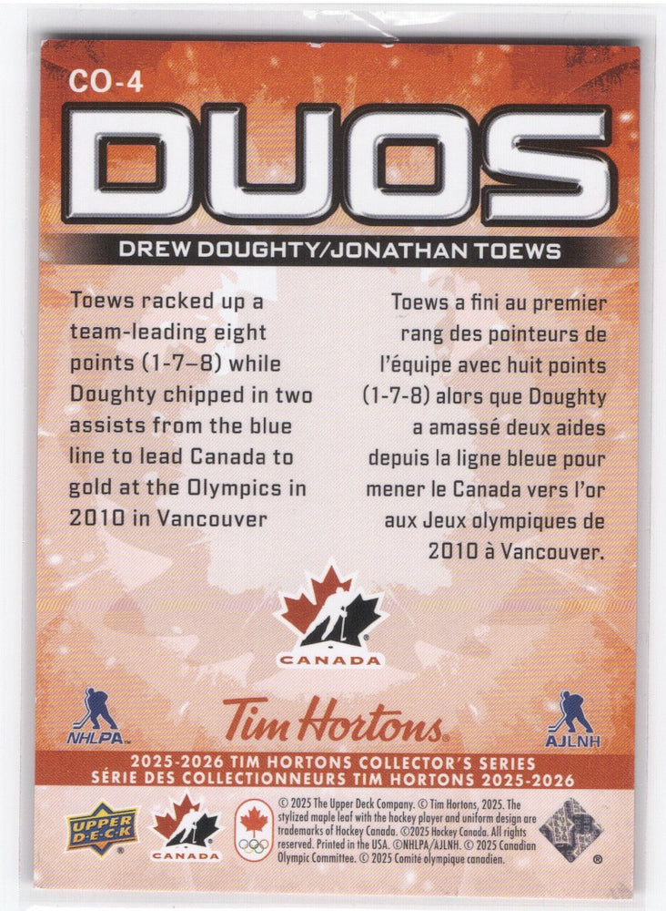 2025-26 Upper Deck Tim Hortons Collectors Series Duos Co-4 Drew Doughty Jonathan Toews