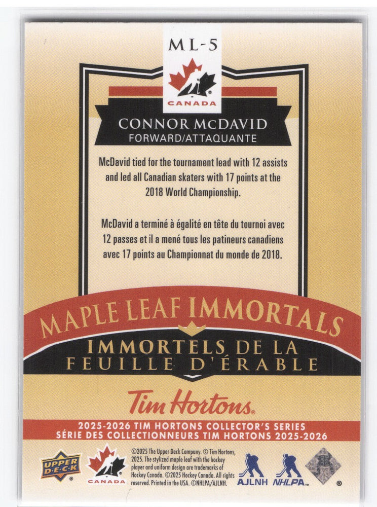 2025-26 Upper Deck Tim Hortons Collectors Series Maple Leaf Immortals Ml-5 Connor Mcdavid