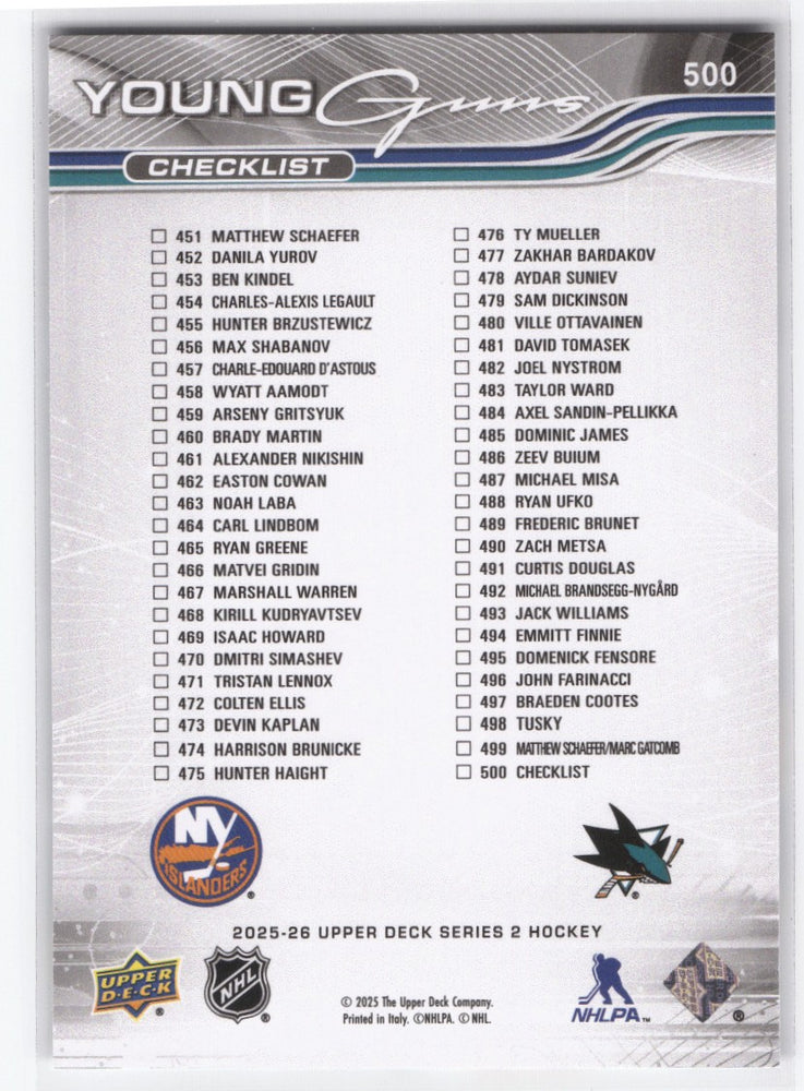 2025-26 Upper Deck Series 2 Young Guns Checklist #500 Rookie Rc Matthew Schaefer Michael Misa