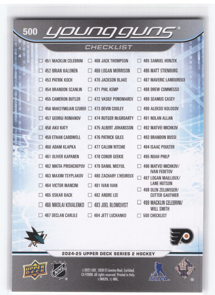 2024-25 Upper Deck Series 2 Young Guns Checklist #500 Rookie Rc Macklin Celebrini Matvei Michkov