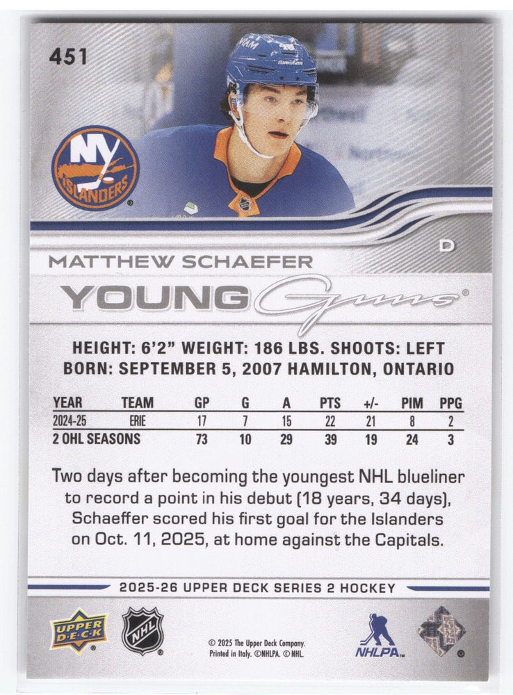 2025-26 Upper Deck Series 2 Young Guns #451 Rookie Rc Matthew Schaefer
