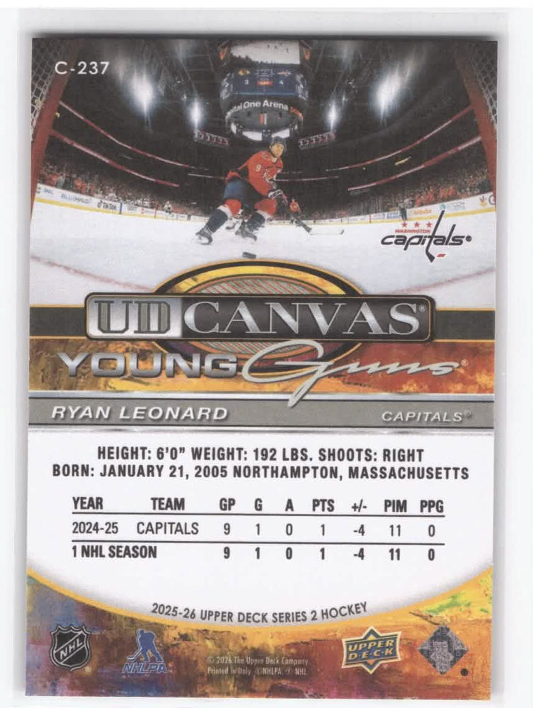 2025-26 Upper Deck Series 2 Young Guns Ud Canvas C-237 Rookie Rc Ryan Leonard