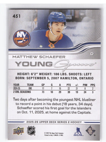 2025-26 Upper Deck Series 2 Young Guns #451 Rookie Rc Matthew Schaefer