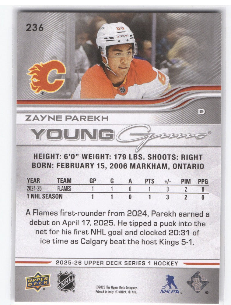 2025-26 Upper Deck Series 1 Young Guns #236 Rookie Rc Zayne Parekh