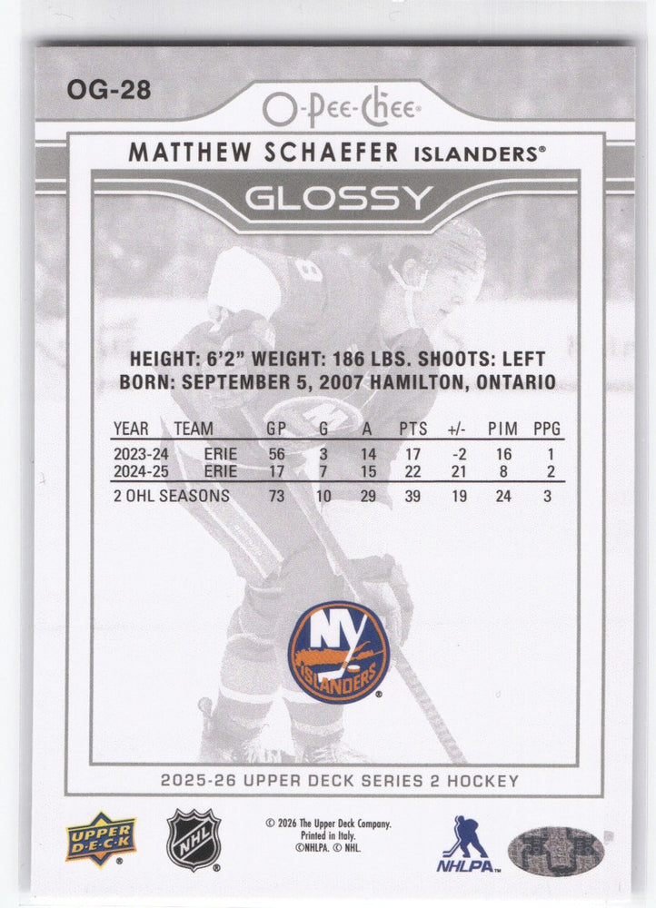 2025-26 Upper Deck Series 2 Glossy Og-28 Rookie Rc Matthew Schaefer